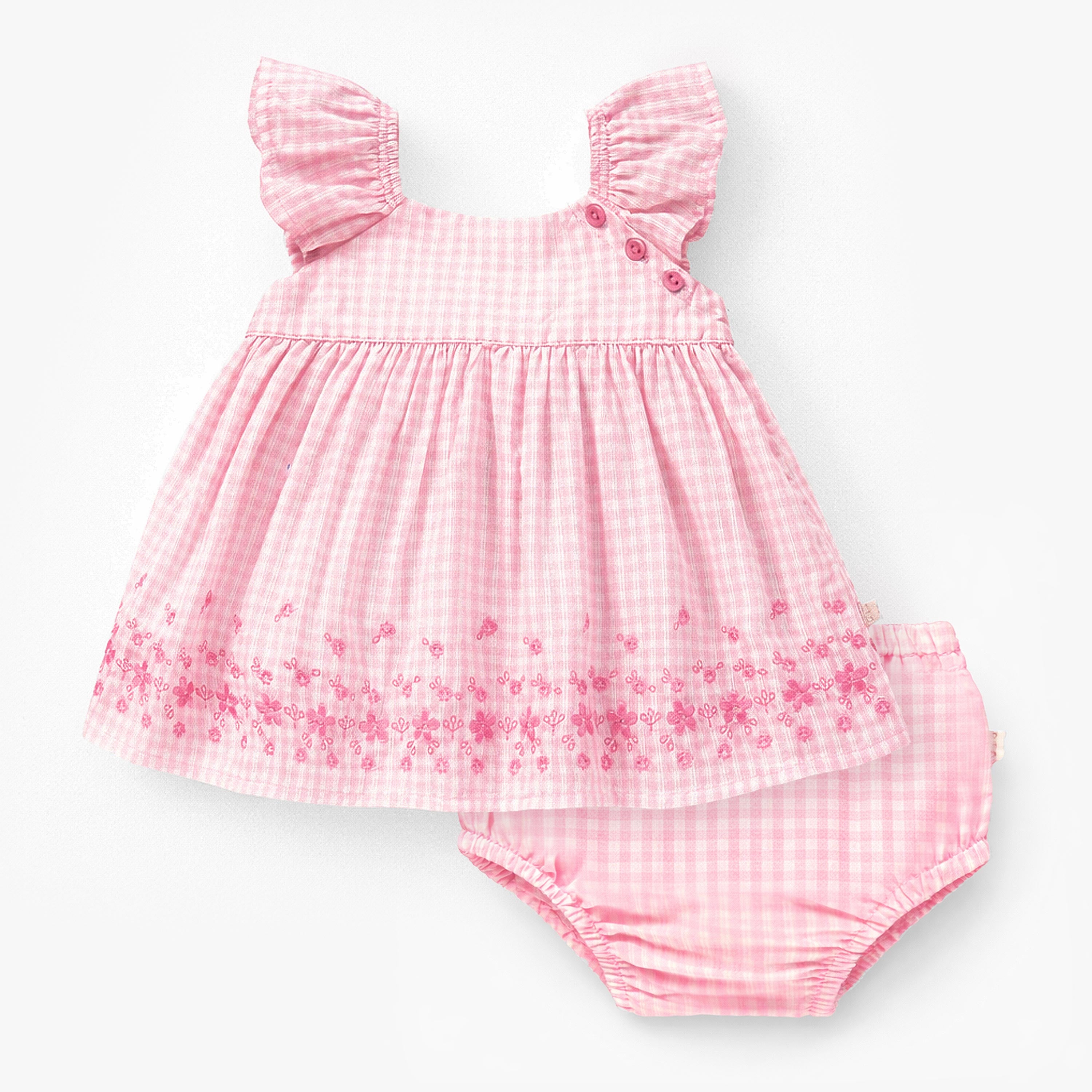 Robe et bloomer rose à carreaux et broderie anglaise, naissance 