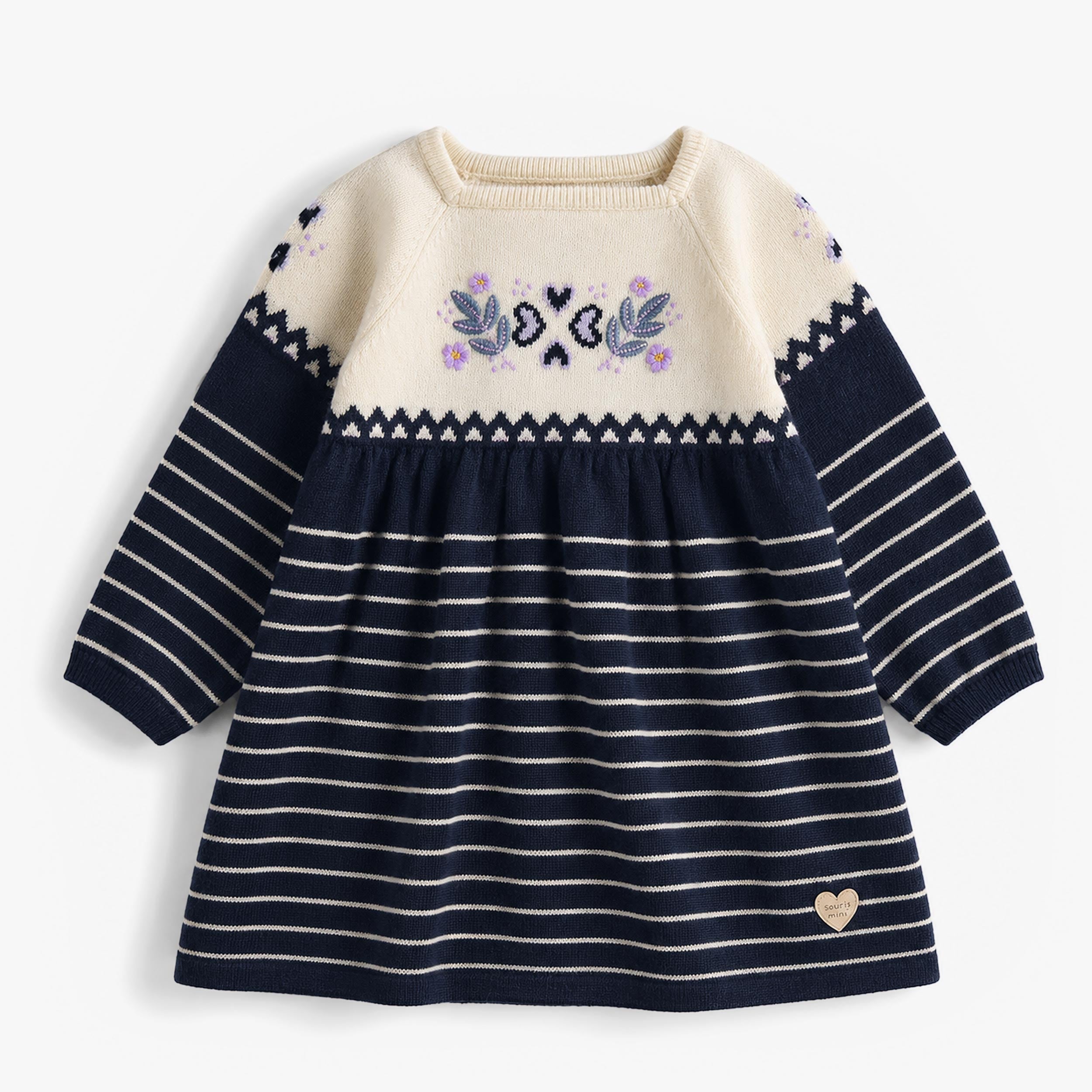 Robe crème et bleu foncé en tricot  à rayures, bébé - Souris Mini