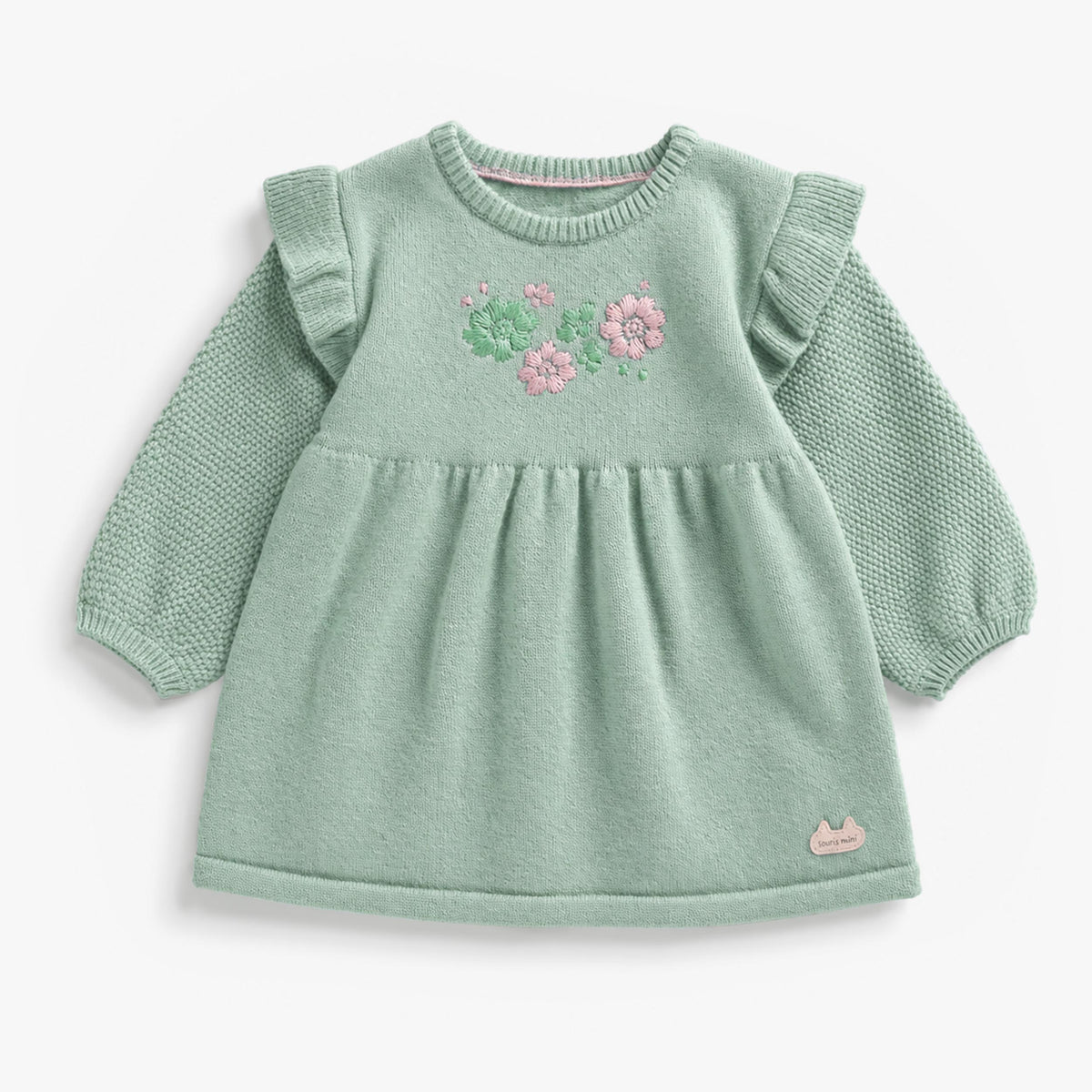 Robe vert sauge à motif floral en tricot, naissance - Souris Mini