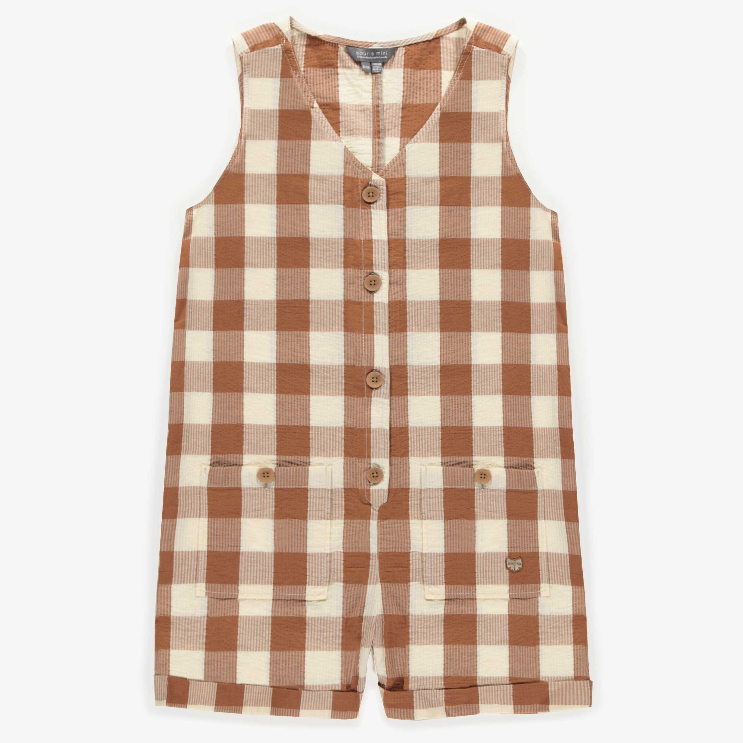 Brown plaid overall in cotton, adult
