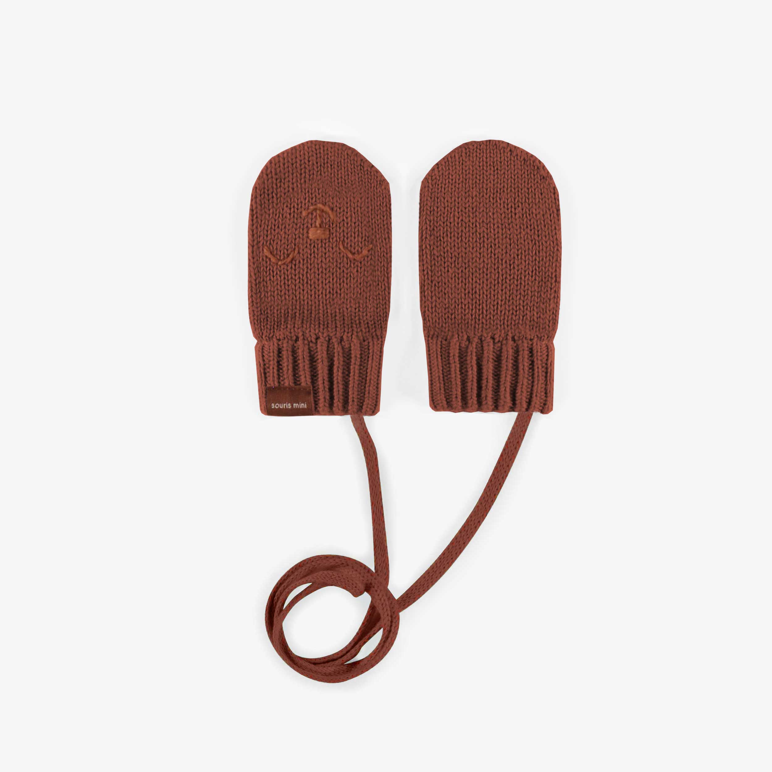Brown knitted mittens, baby