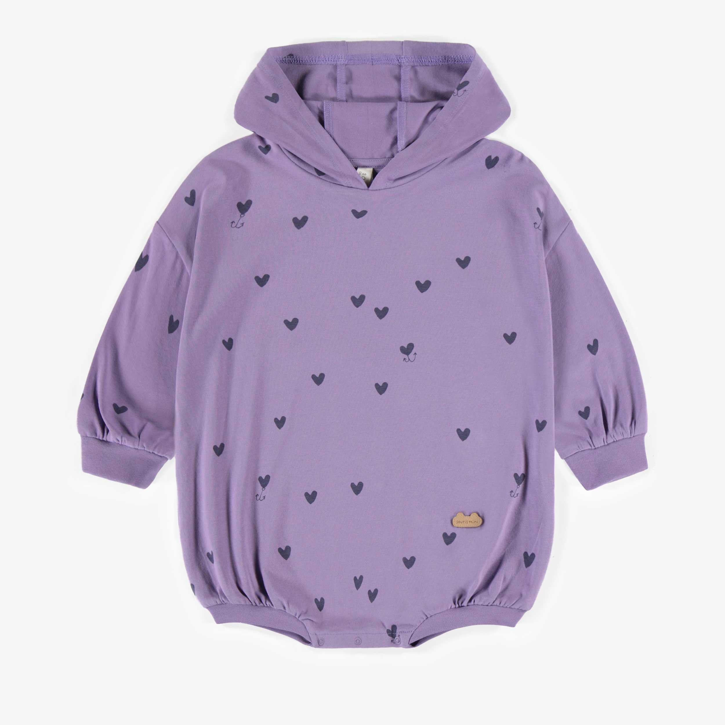 Une-pièce mauve à capuchon avec motifs de cœur en doux jersey de coton biologique, naissance