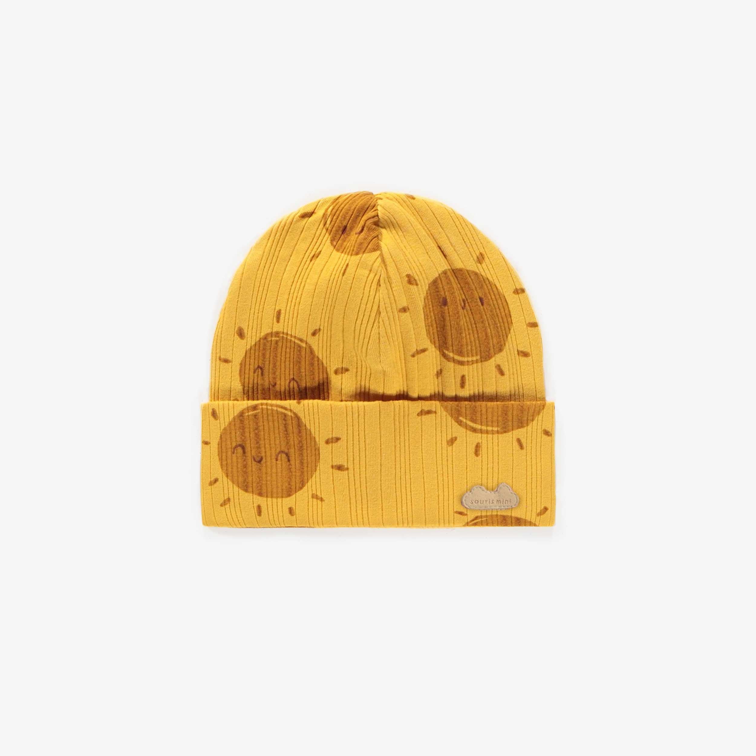 Yellow patterned hat in cotton, newborn