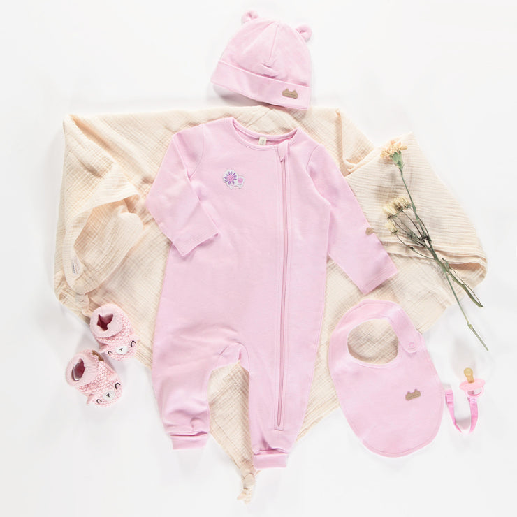 Bonnet à minces rayures mauves et crèmes en coton biologique, naissance || Purple and cream thin striped hat in organic cotton, newborn