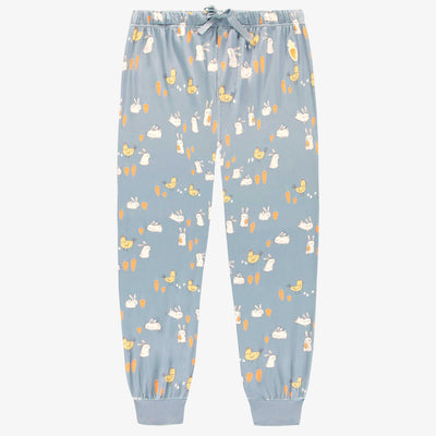 Pantalon de pyjama bleu avec motif de lapins et de poulets, adulte || Blue pajama pants with bunnies and chickens print, adult