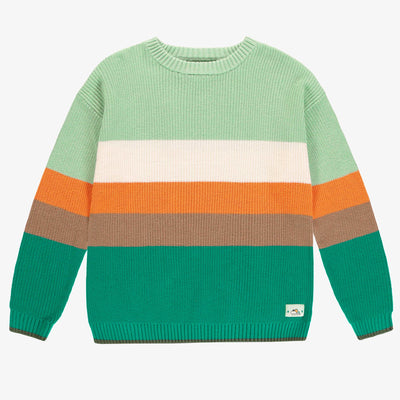 Chandail de maille côtelée manches longues vert, crème et orange, adulte || Long sleeves rib knit sweater green, cream and orange, adult