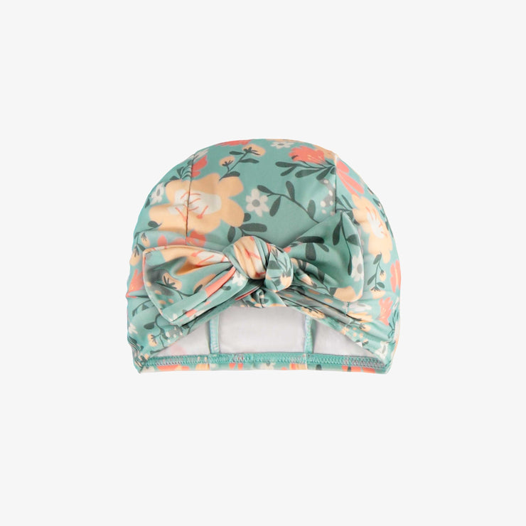 Bonnet de bain bleu, vert et rose fleuri avec une boucle, bébé || Blue, green and pink swimming cap with flowery print and a bow, baby