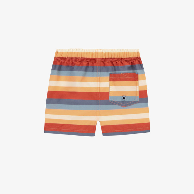 Bermudas de bain orange à rayures multicolores, bébé || Orange swimming shorts with multicolored stripes, baby