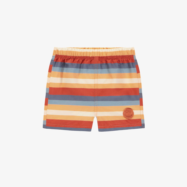 Bermudas de bain orange à rayures multicolores, bébé || Orange swimming shorts with multicolored stripes, baby