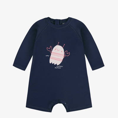 Maillot de bain une-pièce marine avec une illustration d’écrevisse, bébé || Navy one-piece swimsuit with crayfish illustration, baby