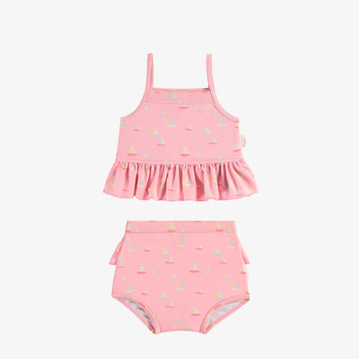 Maillot de bain deux-pièces rose pâle à motif de voiliers, bébé || Light pink two pieces swimsuit with sailboat print, baby
