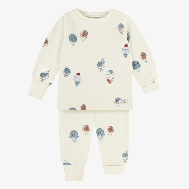 Pyjama crème avec un motif de crèmes glacées bleues en jersey, bébé || Cream pajama with blue ice cream print in jersey, baby