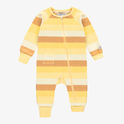 Pyjama une-pièce orange et jaune à rayures avec manches longues en tricot côtelé, bébé || Striped orange and yellow one-piece pajama with long sleeves in ribbed knit, baby