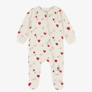 Pyjama une-pièce crème à motif de petits cœurs rouges, bébé || Cream one-piece pajama with little red hearts print, baby