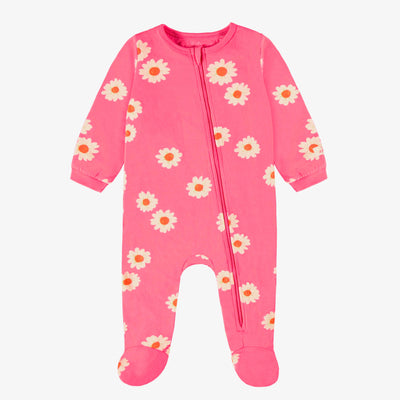 Pyjama une pièce rose en jersey de coton à motifs de fleurs, bébé || Pink one piece pyjamas in cotton jersey with floral all over print, baby