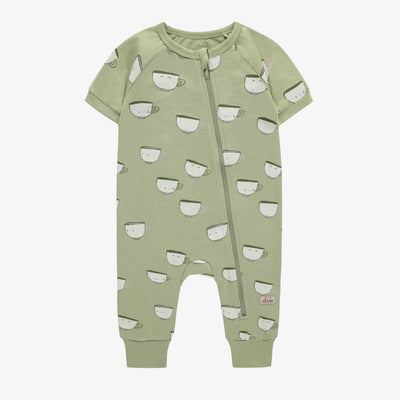 Pyjama vert une-pièce avec tasses souriantes en coton, bébé || Green one-piece pajamas with cups in cotton, baby