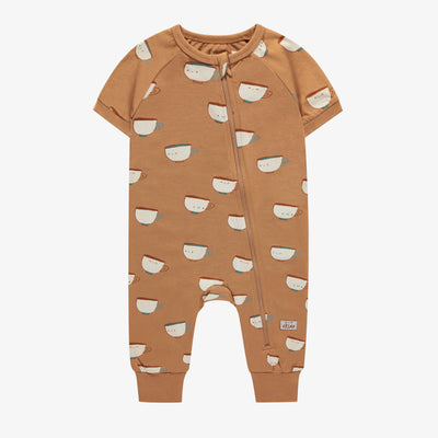 Pyjama brun une-pièce avec tasses en coton, bébé || Brown one-piece pajamas with cups in cotton, baby