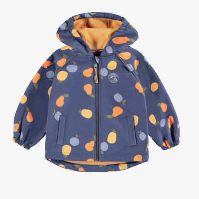 Manteau bleu à coquille souple avec motif fruité, bébé || Blue soft shell coat with fruit print, baby