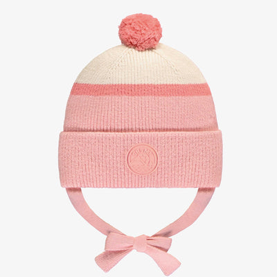 Tuque de maille rose et crème rayé avec pompon, bébé || Striped pink and cream knit toque with pompom, baby