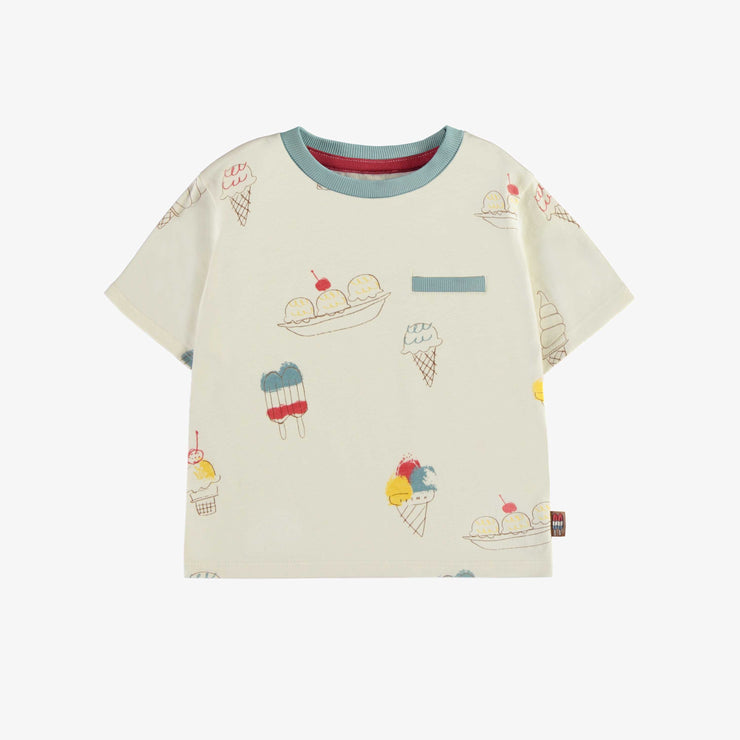 T-shirt à manches courtes crème avec motif de crèmes glacées en coton, bébé || Short-sleeved cream t-shirt with ice cream pattern in cotton, baby