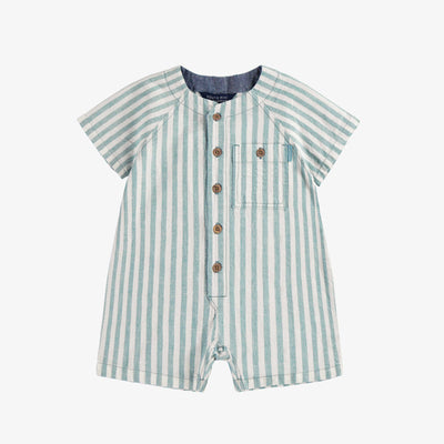 Une pièce manches courtes bleue et crème à rayures en lin et coton, bébé || Blue and cream short sleeved one piece with stripes, baby