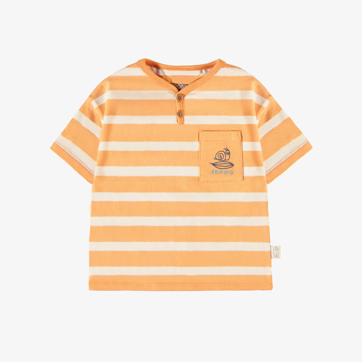 T-shirt à manches courtes pêche et crème à rayures, bébé || Peach and cream short sleeves t-shirt with stripes, baby