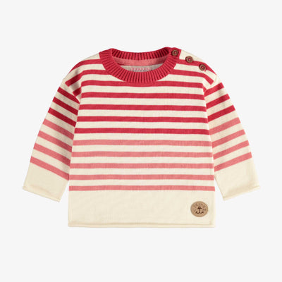 Chandail de maille à manches longues avec rayures crème, rose et rouge, bébé || Cream, pink and red striped long sleeves knit sweater, baby