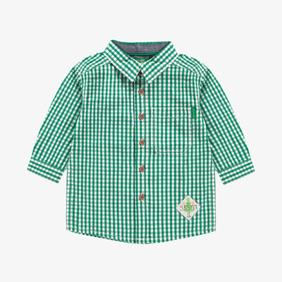 Chemise à manches longues verte à carreaux en popeline, bébé || Green plaid long sleeves shirt in poplin, baby