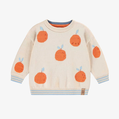 Chandail de maille crème avec motif jacquard, bébé || Cream knit sweater with orange jacquard pattern, Baby