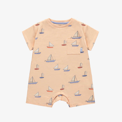 Une pièce manches courtes orange avec motif de voiliers en jersey extensible, bébé || Orange short sleeves one piece with sailboat in stretch jersey, baby