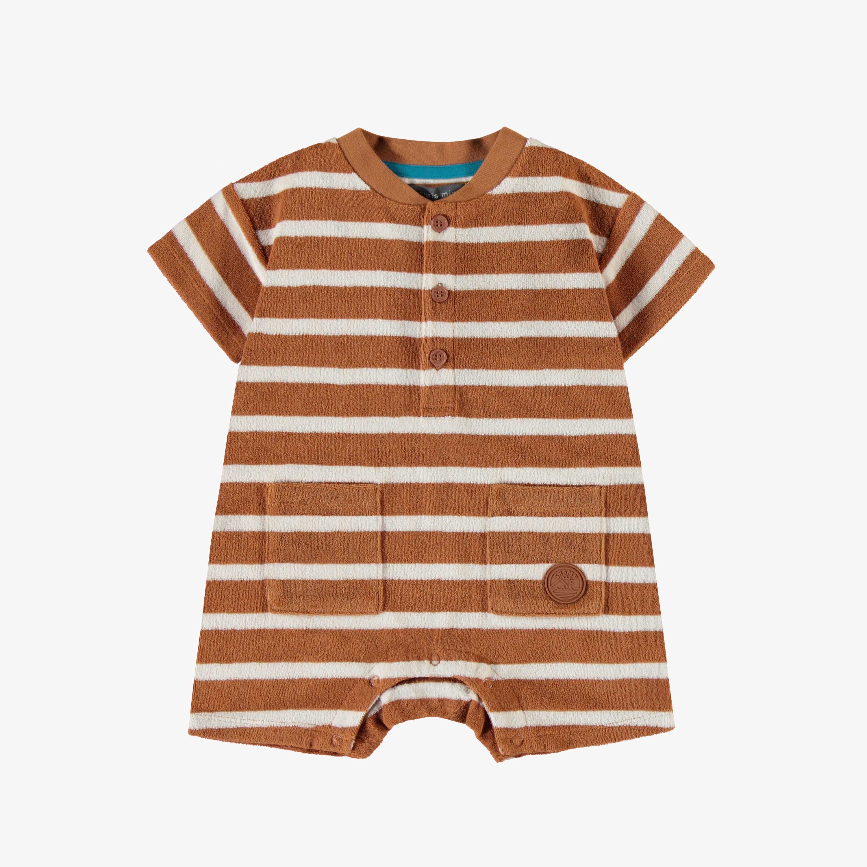Une-pièce caramel et crème ligné avec col henley en ratine, bébé