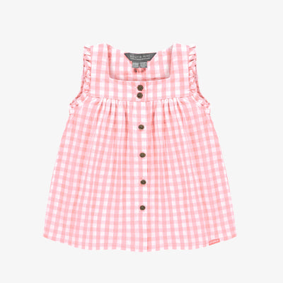 Robe à bretelles larges rose et blanche à carreaux en seersucker, bébé || Pink and white checkered dress with large straps in seersucker, baby