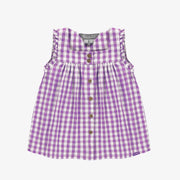 Robe à bretelles larges mauve et blanche à carreaux en seersucker, bébé || Purple and white checkered dress with large straps in seersucker, baby