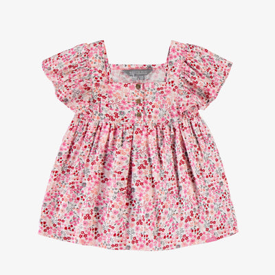Robe évasée à manches courtes rose fleurie en viscose, bébé || Pink flowery dress with short sleeves in viscose, baby