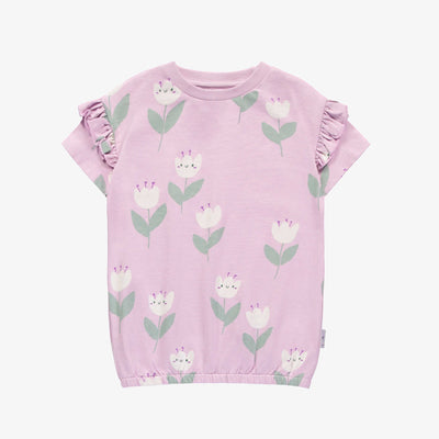 Robe ample lilas à motifs de jolies tulipes en jersey extensible, bébé || Loose-fitting lilac dress with tulip all over print in stretch jersey, baby