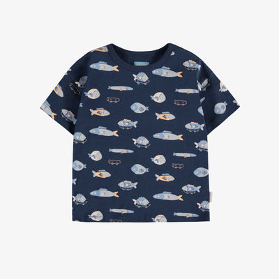 T-shirt ample marine avec motif de poissons en jersey doux, baby || Loose-fitting navy t-shirt with fish all over print in soft jersey, baby