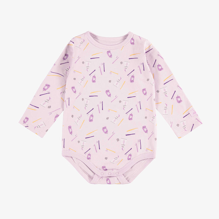 Cache-couche lavande à manches longues et motif en jersey, bébé  || Lavender bodysuit with long sleeves and print in jersey, baby