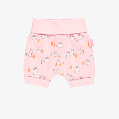 Short évolutif rose à motif de poules et de lapins, bébé || Pink bodysuit with ruffle and with bunnies and chickens print, baby