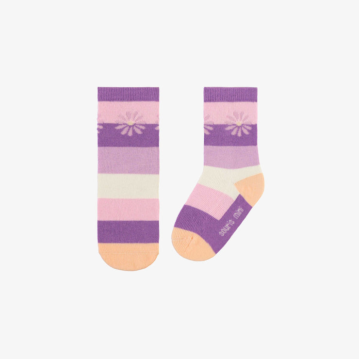 Chaussettes mauves et roses avec rayures et des fleurs, bébé || Purple and pink striped socks with flowers, baby