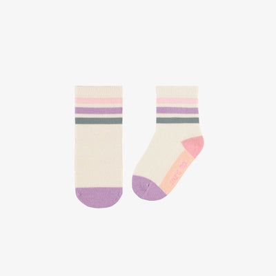 Chaussettes blanches avec des blocs de couleur rose, mauve et vert, bébé || White socks with pink, purple and green color blocks, baby
