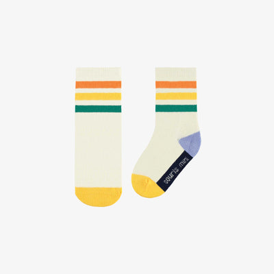 Chaussettes blanches avec des blocs de couleur jaune, bleu et vert, bébé || White socks with yellow, blue and green color blocks, baby