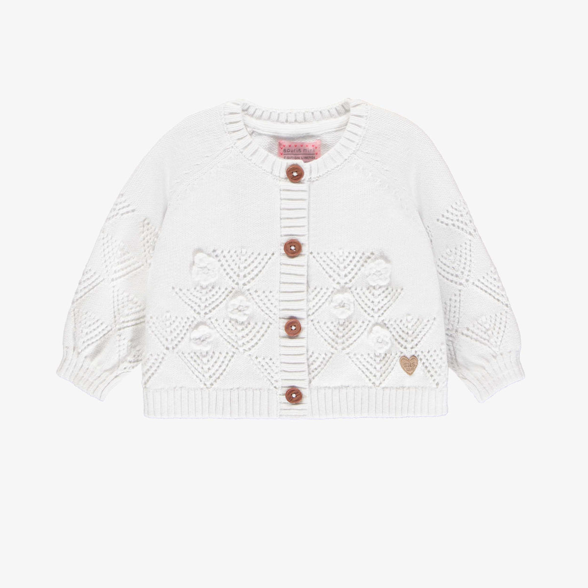 Loose-fitting white pointel knit vest with 3D appliqué of crocheted ...