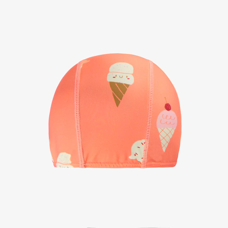 Bonnet de bain pêche à motif de cornet de crèmes glacées, enfant || Peach swimming cap with ice cream cone print, child