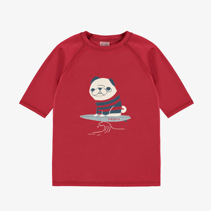 T-shirt de bain à manches courtes rouge avec illustration de chien surfer, enfant || Red short sleeves swim t-shirt with surf dog illustration, child