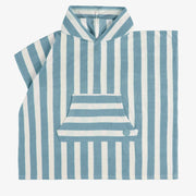Sortie de bain bleu et crème à rayures avec capuchon en ratine, enfant || Blue and cream striped bathrobe with a hood in terry, child