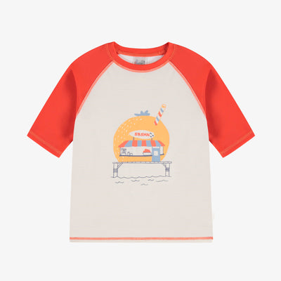 T-shirt de bain à manches courtes crème et orange, enfant||Cream and orange short sleeves swimming t-shirt, child