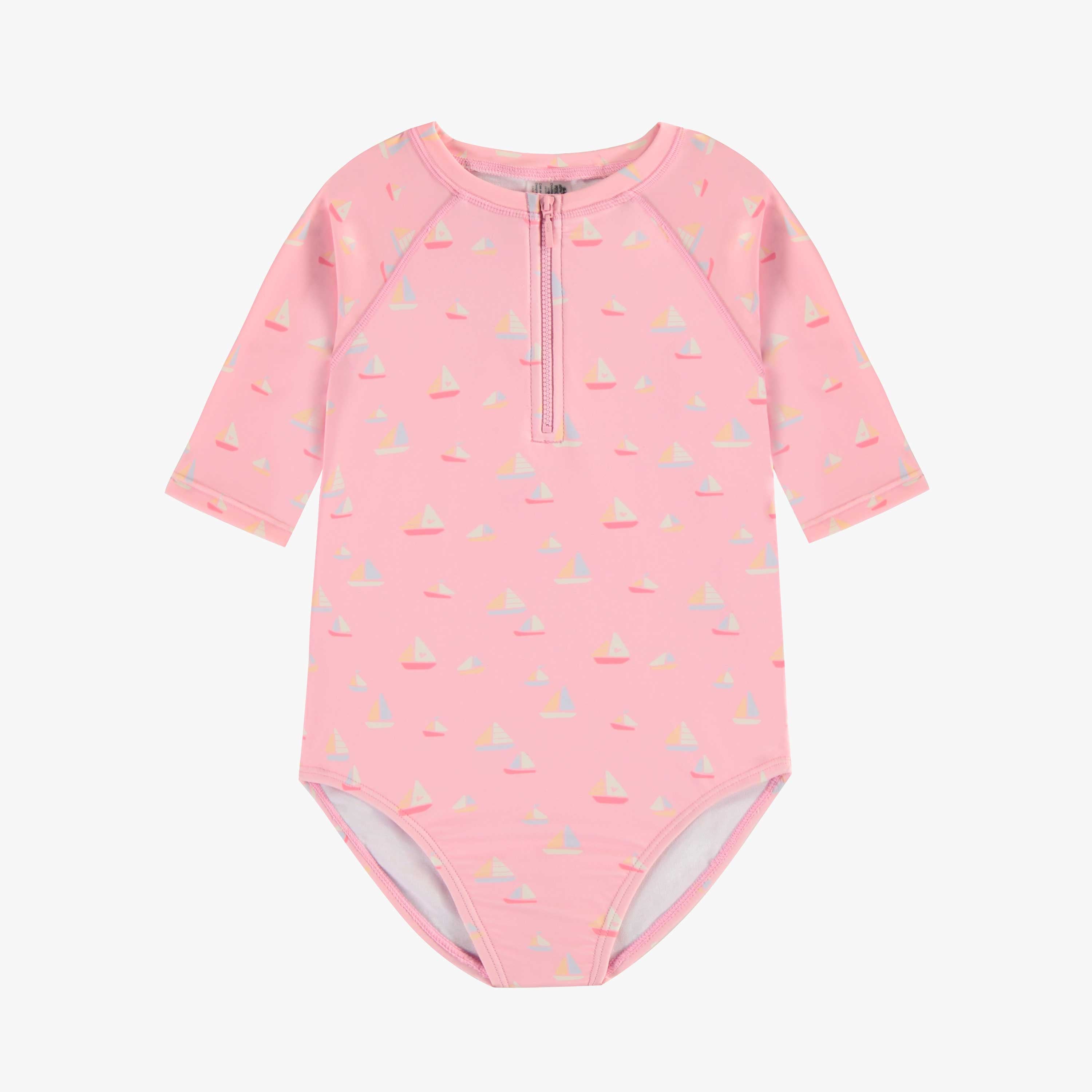 Light pink one piece swimsuit with sailboat print, child