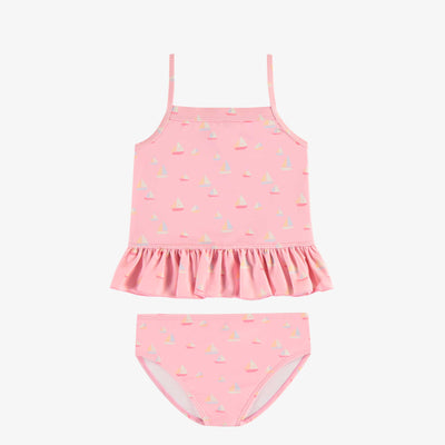 Maillot de bain deux-pièces rose pâle à motif de voiliers, enfant || Light pink two pieces swimsuit with sailboat print, child