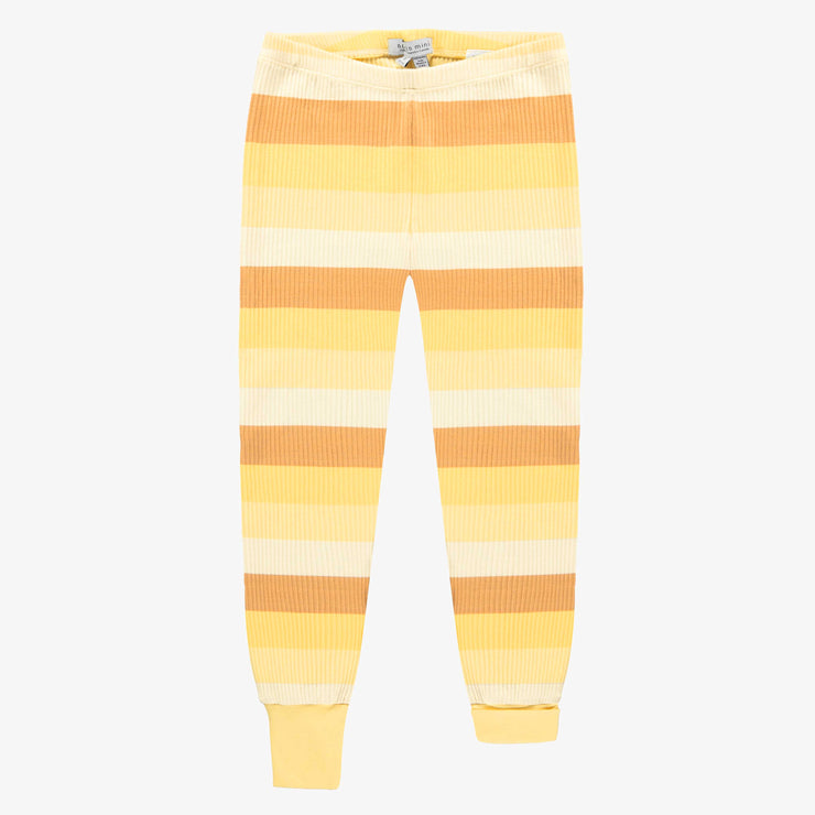 Pyjama orange et jaune à rayures avec manches courtes en tricot côtelé, enfant || Striped orange and yellow pajama with short sleeves in ribbed knit, child