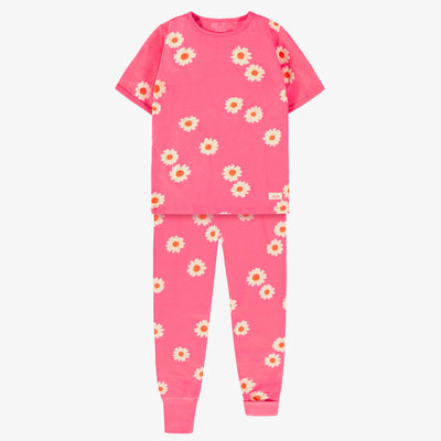 Pyjama deux pièces rose en jersey de coton à motifs de marguerites, enfant || Pink cotton jersey two piece pajamas with daisy all over print, child